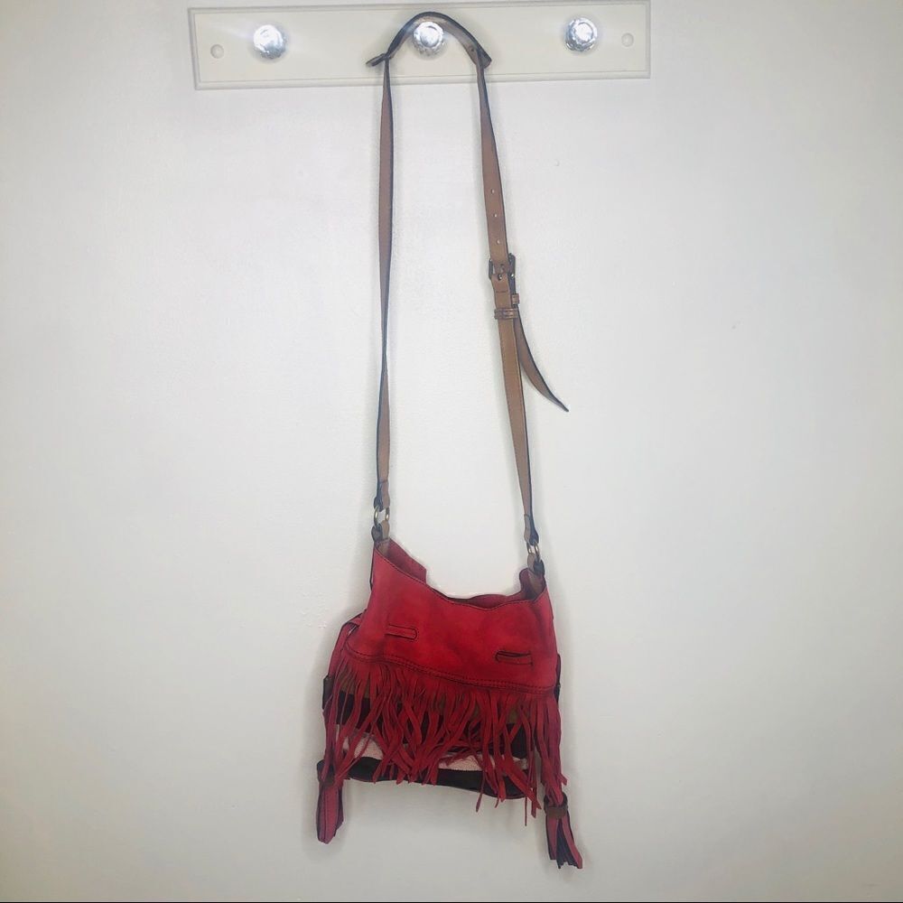 Burberry Belgrove Red Fringe Suede‎ Leather Nova Check Bucket Bag Crossbody - Picture 4 of 13